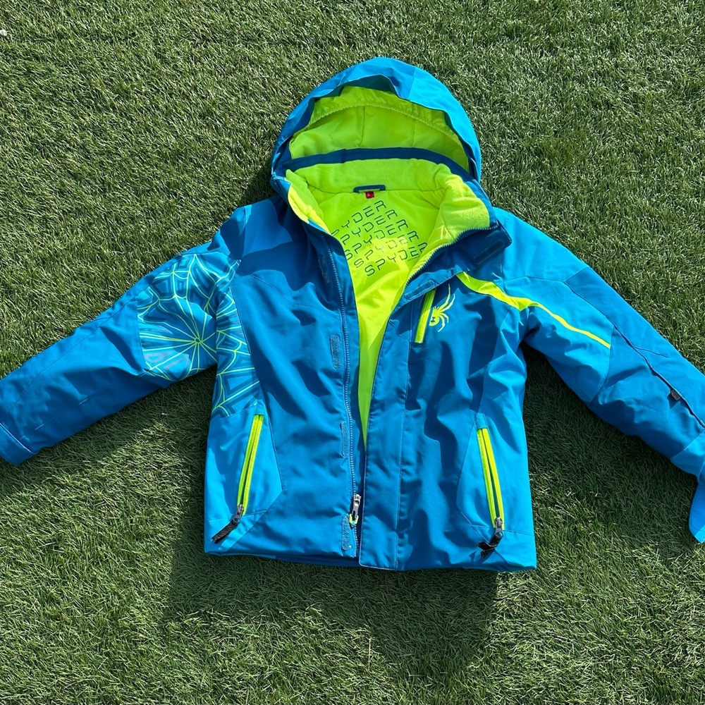 Spyder Youth Ski and Winter Jacket Size 12 Blue and Yellow with Detachable Hood